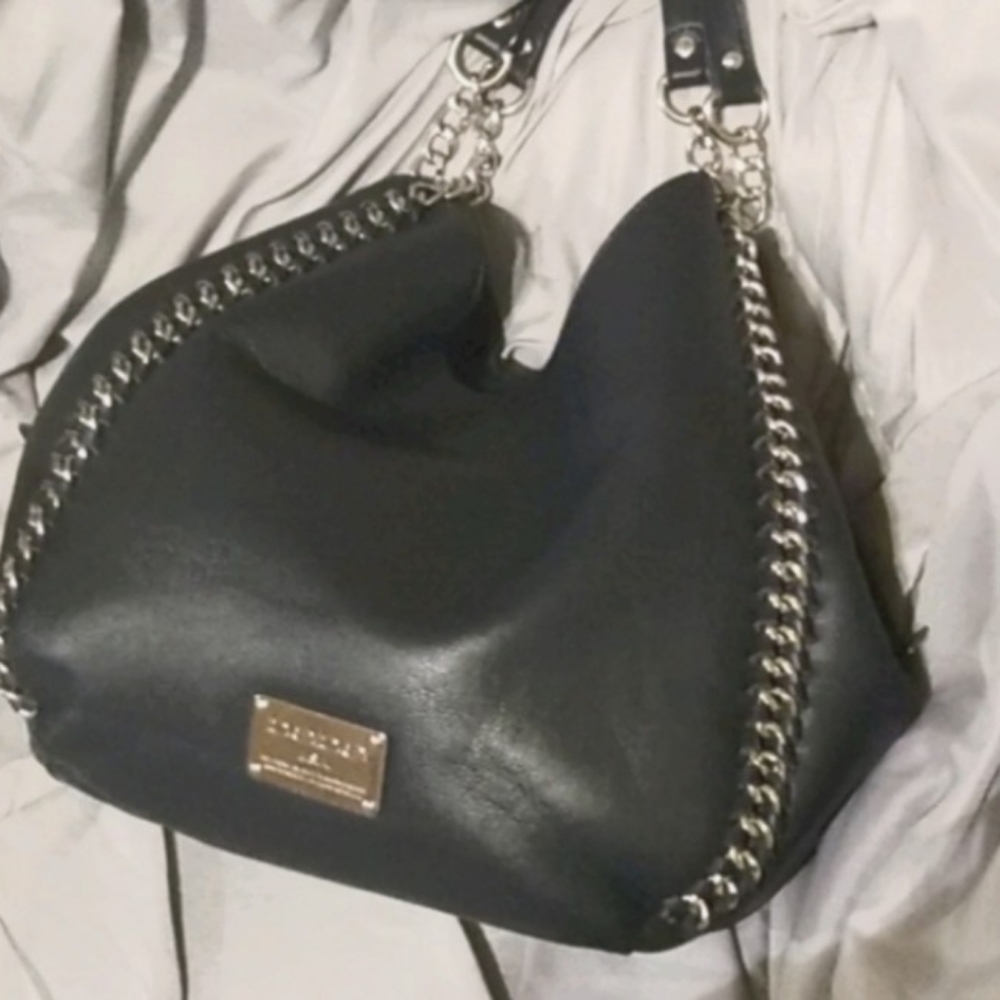 Bebe navy blue handbag with chain detail